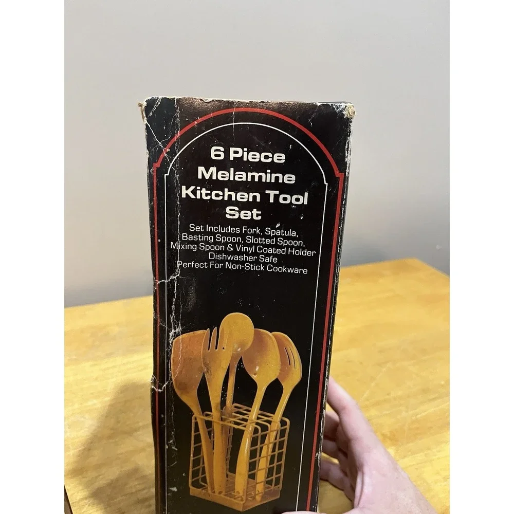 Vtg Brown Melamine‎ Kitchen Utensils Rosti Set of 6 With Metal Rack NOS